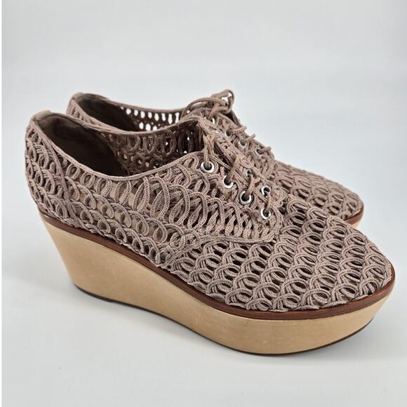 Schutz Braided Oxford Lace Up Chunky Platform Height Wedge Tan Sneakers Sz 7 B - Picture 1 of 12